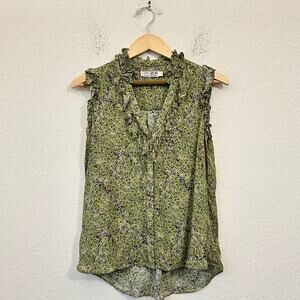 GO by GOSILK Top Purple Green Abstract Ruffled Sleeveless Cottagecore